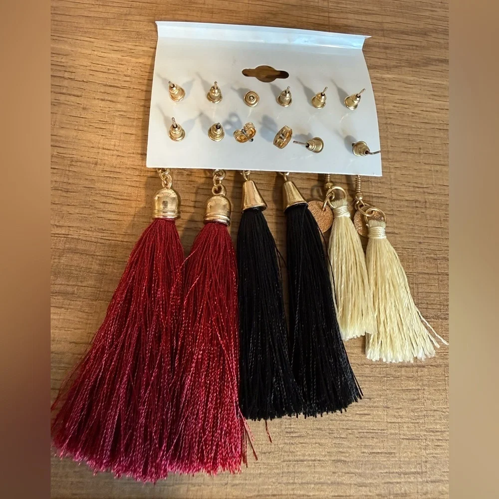 Gold Fashion Earrings Set - Studs & Tassel Dangles Red Black Cream (6 Pair)